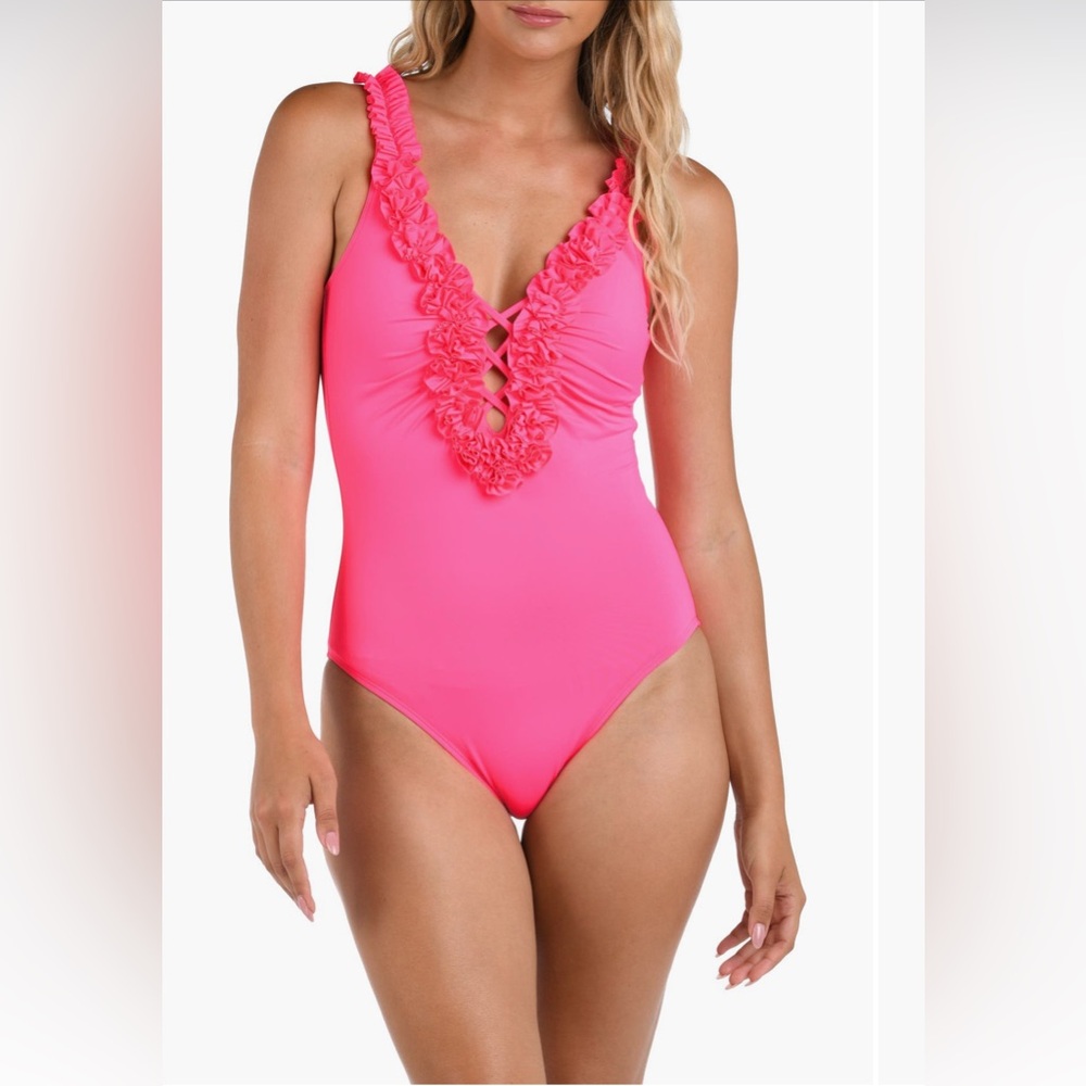 La Blanca ruffle plunge one piece swimsuit